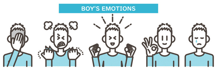 Boy in various poses and expressions expressing various emotions [Vector illustration].