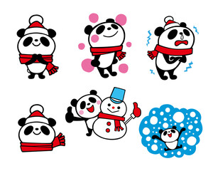 かわいいシンプルパンダセット14　(冬、寒い、雪だるま、初雪他)