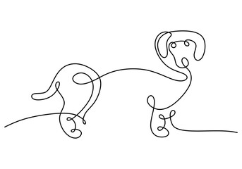 Hand drawn one single continuous line of puppy dog isolated on white background.