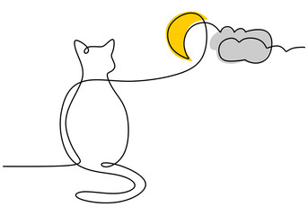 Hand drawing one line of cat and moon isolated on white background.