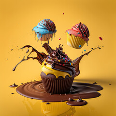 chocolate, banana, muffin with topping, splash, generative AI  - obrazy, fototapety, plakaty