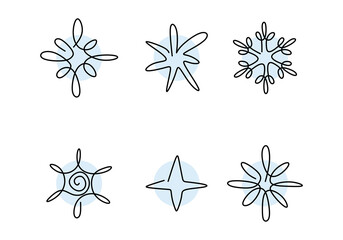 Hand drawing one line of six snowflake isolated on white background.