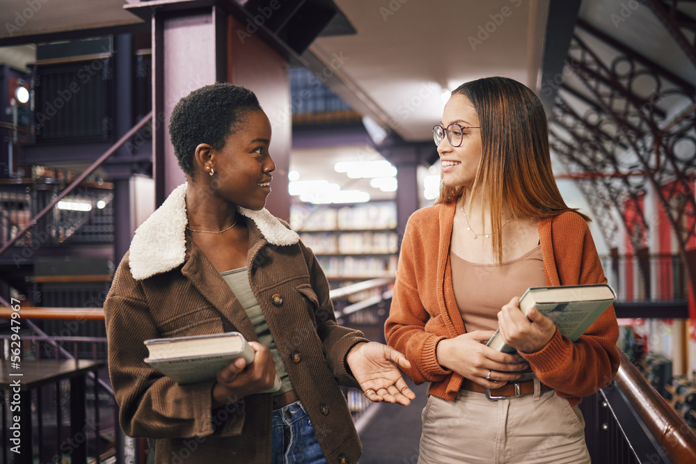 Poster university students, library and talking about books, education and learning together at campus. wom