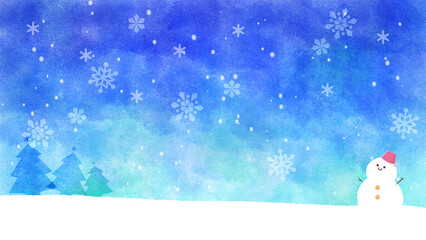 雪の降る水彩の青い空を見つめる雪だるまのイラスト