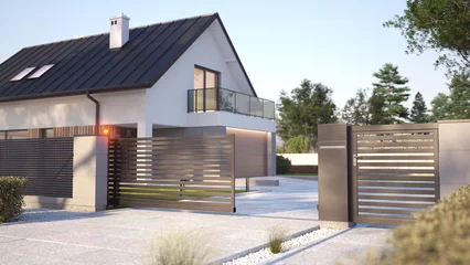 Fotobehang Modern house with fence and automatic Sliding Gate. 3D illustration © Studio Harmony