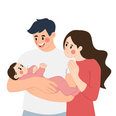 Illustration of new parents and cute baby