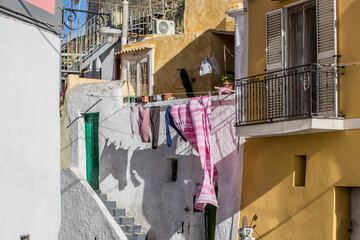 Colorful houses and tiny narrow streets on Procida Island, Italy.
