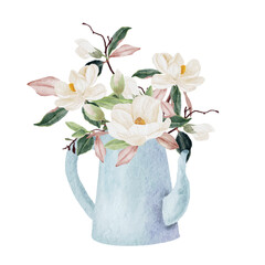 watercolor white magnolia blooming flower branch bouquet in glass vase clipart