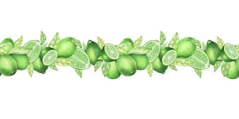 Watercolor seamless border made of limes, slice of lime, branches and leaves. Hand drawn vignette for cards, invitations, cosmetics or food label design concept, with text space