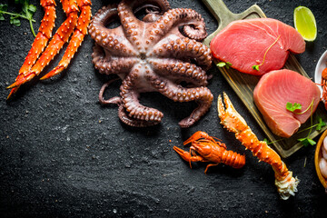 Raw tuna steak with crab and big octopus.