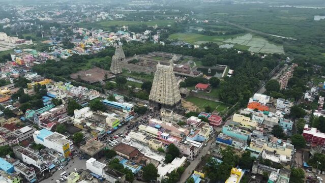 Aerial view of Sri Kanchi Kamakshi Amman Temple surrounded by Kanchipuram city and agricultural lands.