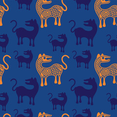 Seamless, Hand-drawn traditional ancient tribal folk art, India. Pictorial language depicting the rural life of the inhabitants of India. seamless pattern for textiles, wrapping paper, or backgrounds