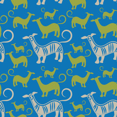 Seamless, Hand-drawn traditional ancient tribal folk art, India. Pictorial language depicting the rural life of the inhabitants of India. seamless pattern for textiles, wrapping paper, or backgrounds