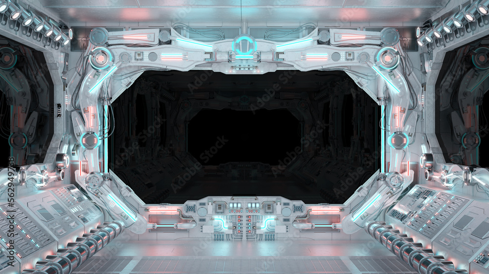 Poster White spaceship interior with isolated window. Futuristic spacecraft with glowing blue and red control panels and empty view. 3D rendering
