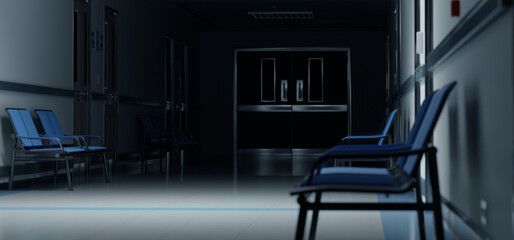 Long dark hospital corridor with rooms and seats 3D rendering. Empty accident and emergency interior with bright lights lighting the hall from the ceiling