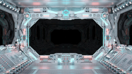White spaceship interior with isolated window. Futuristic spacecraft with glowing blue and red control panels and empty view. 3D rendering © sdecoret