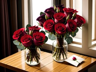 Valentine's Day Flowers Bouquet of Roses in a Vase, sitting on a table with natural lighting