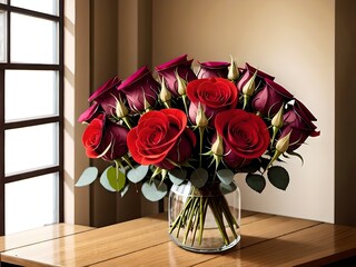 Valentine's Day Flowers Bouquet of Roses in a Vase, sitting on a table with natural lighting