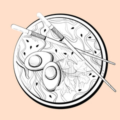Linear vector of noodles with boiled eggs, greens and seeds. Chopsticks on a plate