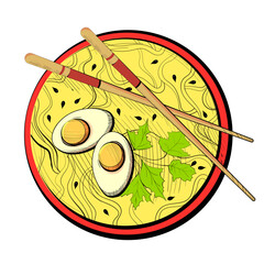 Noodles with boiled eggs, herbs and seeds. Wooden chopsticks for food