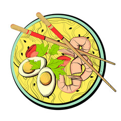 Noodles with boiled eggs, shrimp, tomatoes, greens and seeds. Chopsticks on a plate