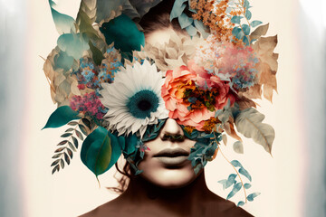 Abstract contemporary art collage portrait of young woman with flowers, retro colors.