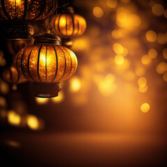 Happy Chinese New Year 2023 greeting card with traditional asian lanterns on gold dark glowing banner background. Generative Ai. - obrazy, fototapety, plakaty