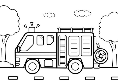 Fire truck coloring page for kids. Painting for kids. Children's coloring activity sheet. Cute Illustration to Color. 