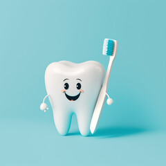 3D healthy tooth with a smile on a blue background, empty space, toothbrush,  generative AI 