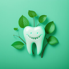 3D healthy tooth with a smile on a green background, empty space, generative AI  - obrazy, fototapety, plakaty