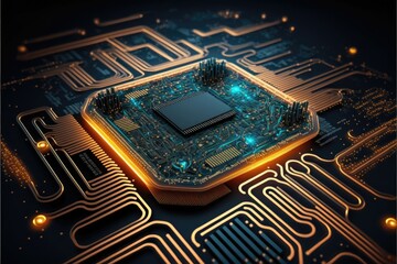 Generative AI cyberspace design chip processor board and branch connections, futuristic technology on chip