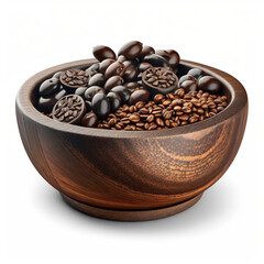 a wooden bowl full of coffee beans on a white table with white back ground.  generative AI - obrazy, fototapety, plakaty