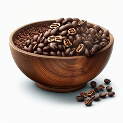 a wooden bowl full of coffee beans on a white table with white back ground.  generative AI