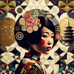 Asian woman made from squares, circles, alphabets, poka dots, lines, flowers, and patterns, modern architecture in the background