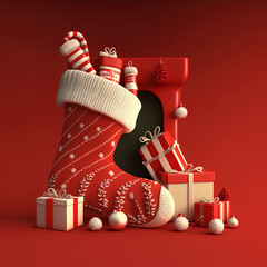 Red Christmas sock with gifts, generative AI - obrazy, fototapety, plakaty