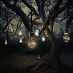 Fototapeta light bulbs hung from a tree, generative AI obraz