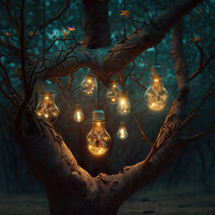 Fototapeta light bulbs hung from a tree, generative AI obraz