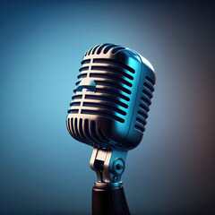 Vintage style microphone over blue background.  Generative AI