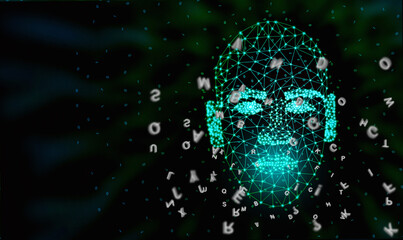 Obraz premium AI speaks letters, text-to-speech or TTS, text-to-voice, speech synthesis applications, generative Artificial Intelligence, futuristic technology in language and communication.
