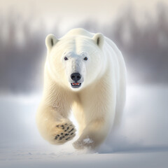 white polar bear running through the snow, copy space, generative AI
