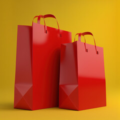 paper shopping or gift bag, red on yellow background,  generative AI  - obrazy, fototapety, plakaty