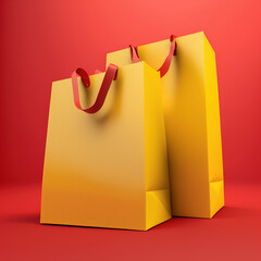 paper shopping or gift bag, yellow on red background , generative AI 