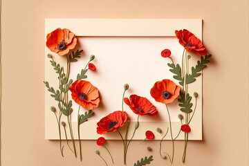 Red poppy flowers floral frame border on beige background top view flat lay generative ai