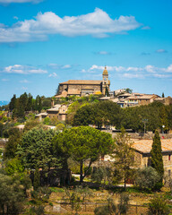 Fototapeta na wymiar Montalcino medieval village and the church. Siena, Tuscany, Italy