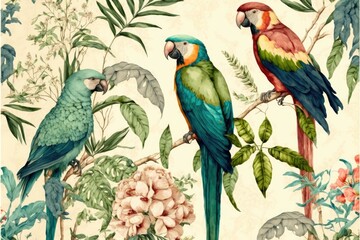 Watercolor seamless pattern with trees and parrots. Vintage background in victorian style. Boho paradise jungle generative ai