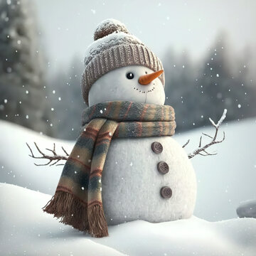 cute snowman with hat and scarf, Generative AI