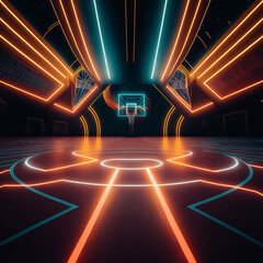 Futuristic basketball court made of neon lights. Generative ai. - obrazy, fototapety, plakaty