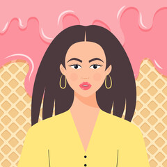 Portrait of a young beautiful woman. Avatar of girl on the background of ice cream.