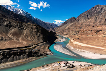 Sangam Point is the confluence Indus and Zanskar Rivers at Leh, Ladakh, India