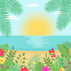 Fototapeta na wymiar Summer exotic seascape. Tropical beach with palms leaves, flowers and plants. Sunset or sunrise at the sea.